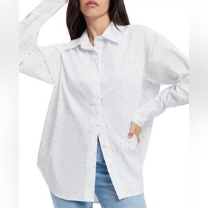 GOOD AMERICAN Womens Rhinestone Cuffed Sleeve Point Collar Oversized Top